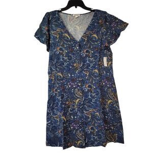 GoodThreads Women's Fluid Twill Button-Front Fit-and-Flare Dress Floral Blue L